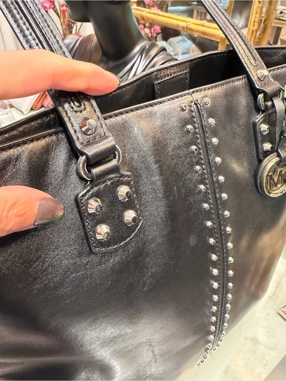 Michael Kors Black Leather Studded Chic Top Handle Tote NWOT